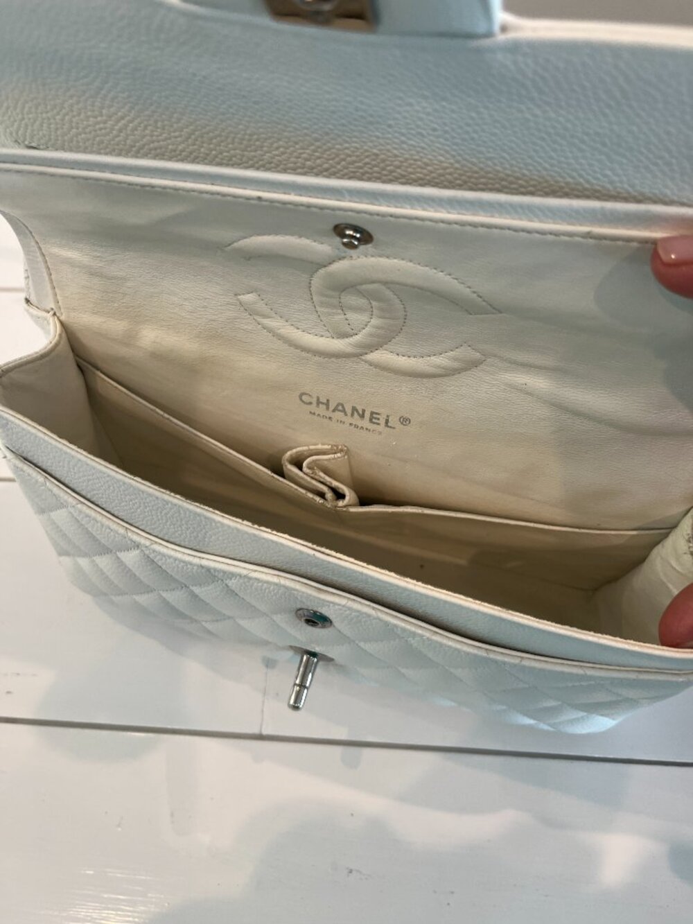 CHANEL White Caviar Medium Double Flap Shoulder Bag with Silver Hardware - Picture 7 of 12
